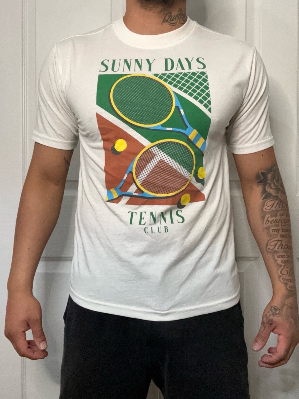 Modern Lux White Tee with Green, Yellow & Brown Tennis Graphic